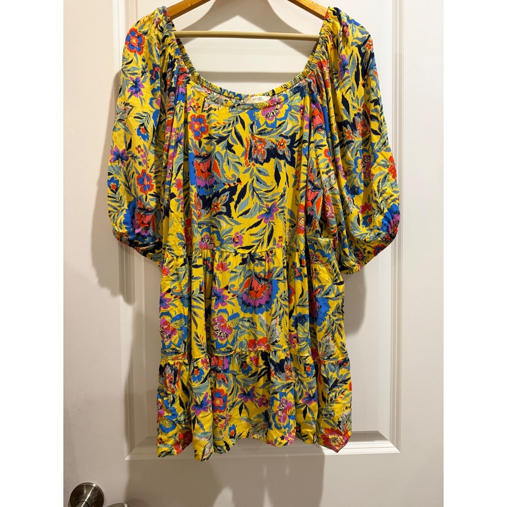 Terra & Sky Women 1X Yellow Floral Puff Sleeve Square Neck Rayon Tunic Blouse